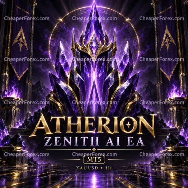 Atherion Zenith AI EA purple crystal artwork with CheaperForex.com watermarks