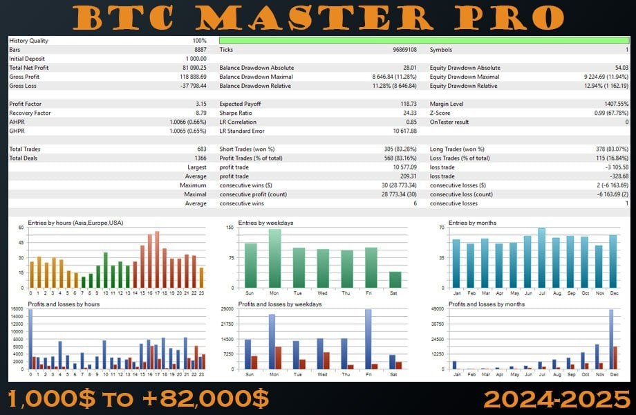 BTC Master Pro developer backtest report labelled 2024–2025