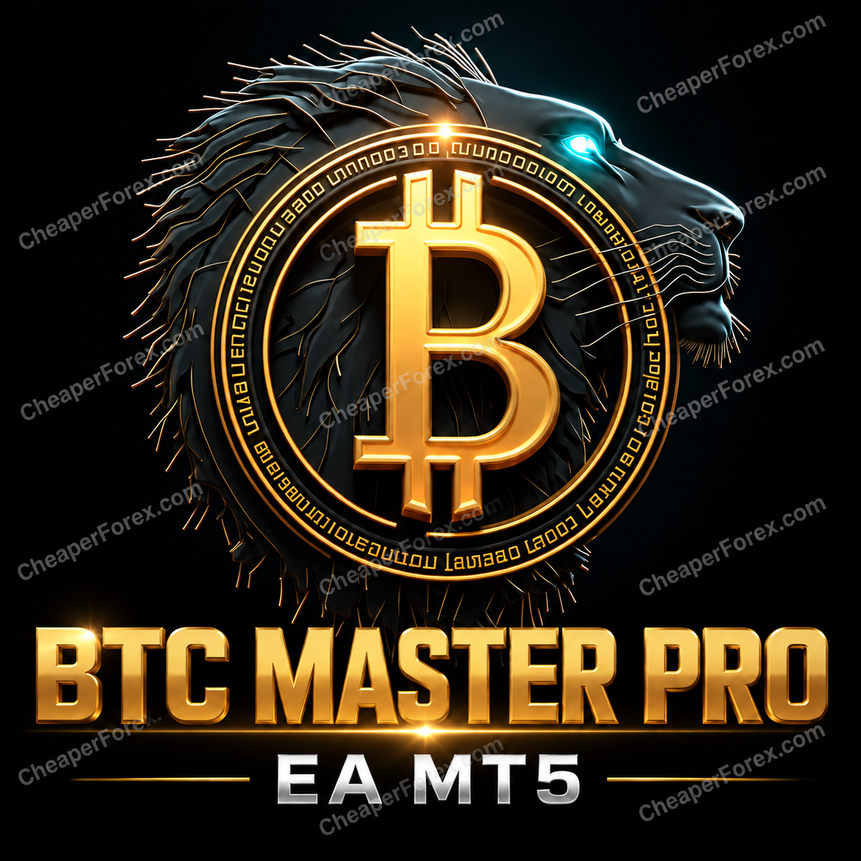 BTC Master Pro dark lion and gold Bitcoin promotional cover with CheaperForex.com watermarks