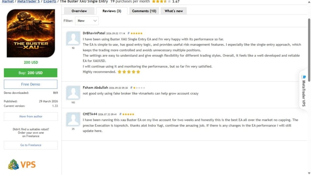 Three original Buster XAU MQL5 product reviews