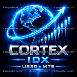Cortex IDX MT5 blue globe and upward arrow with CheaperForex watermarks
