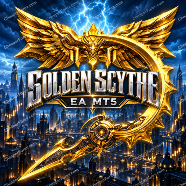 Golden Scythe EA MT5 promotional cover with repeated CheaperForex.com watermarks