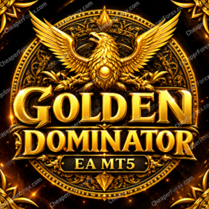Golden Dominator EA MT5 promotional cover with repeated CheaperForex.com watermarks