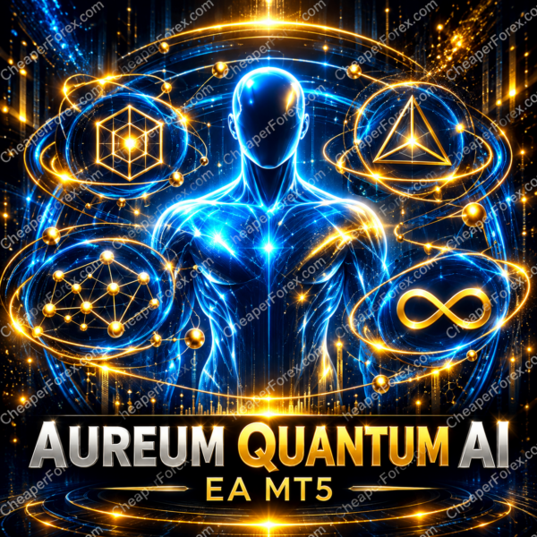 Aureum Quantum AI EA MT5 promotional cover with repeated CheaperForex.com watermarks
