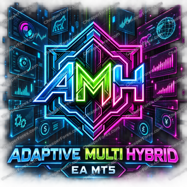 Adaptive Multi Hybrid EA MT5 promotional cover with repeated CheaperForex.com watermarks