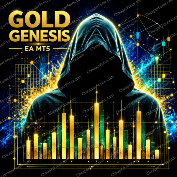 Gold Genesis EA MT5 promotional cover with repeated CheaperForex.com watermarks