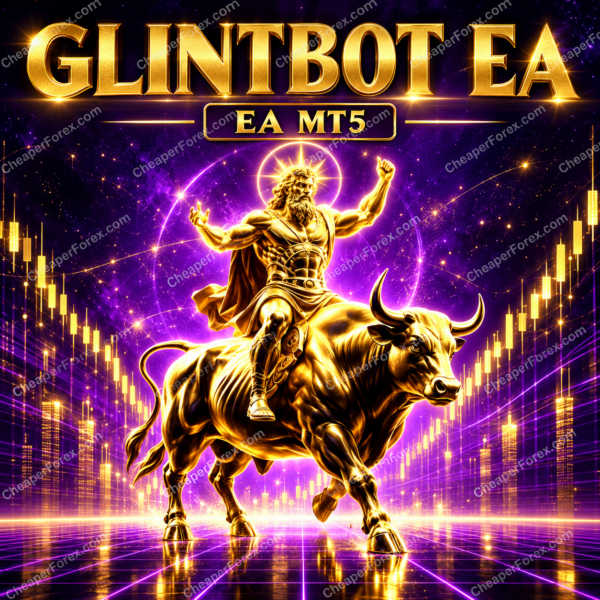 GlintBot EA MT5 promotional cover with repeated CheaperForex.com watermarks