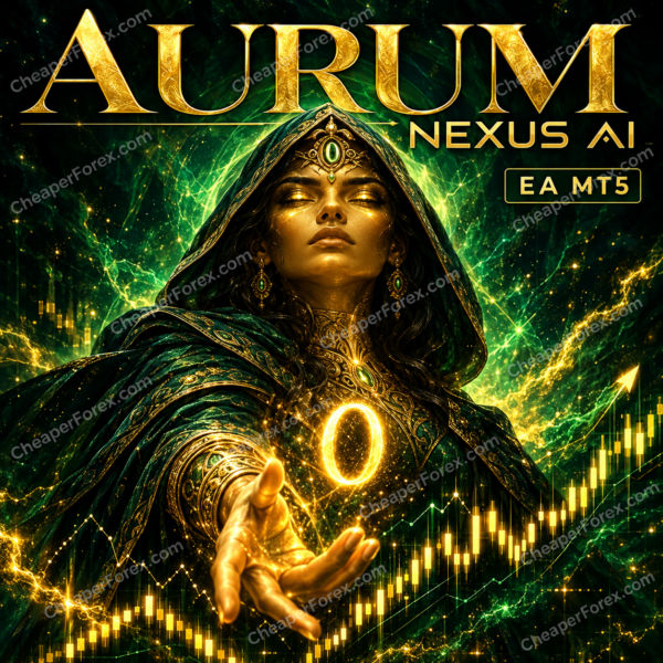 Aurum Nexus AI EA MT5 promotional cover with repeated CheaperForex.com watermarks