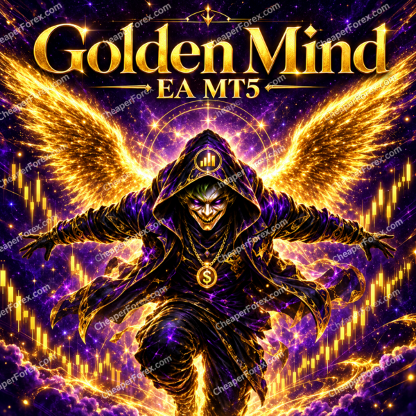 Golden Mind EA MT5 promotional cover with repeated CheaperForex.com watermarks