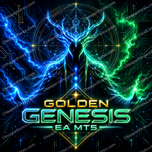 Golden Genesis EA MT5 promotional cover with repeated CheaperForex.com watermarks