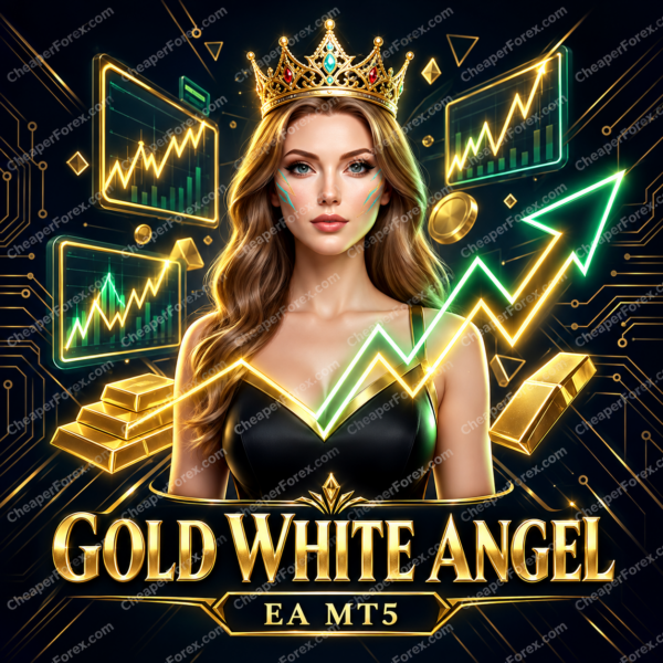 Gold White Angel EA MT5 promotional cover with repeated CheaperForex.com watermarks