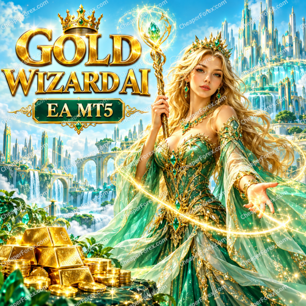 Gold Wizard AI EA MT5 promotional cover with repeated CheaperForex.com watermarks