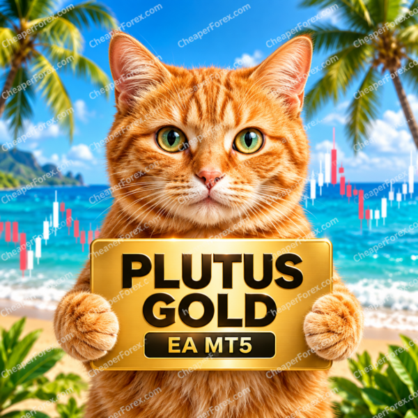 Plutus Gold EA MT5 promotional cover with repeated CheaperForex.com watermarks