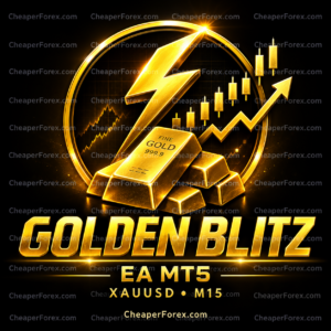 Golden Blitz EA MT5 gold lightning and bars with CheaperForex.com watermarks