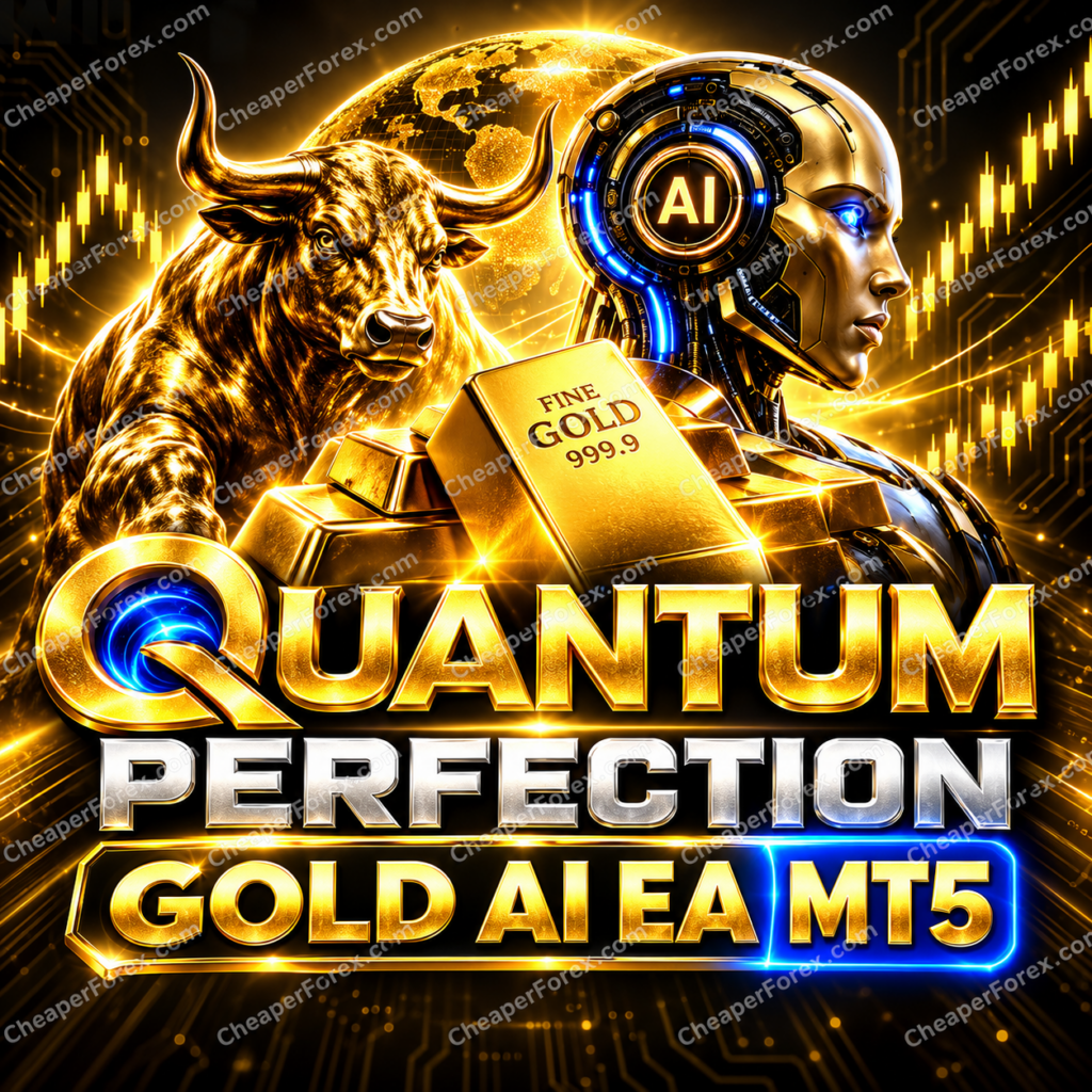 Quantum Perfection Gold AI EA MT5 promotional cover with CheaperForex.com watermarks