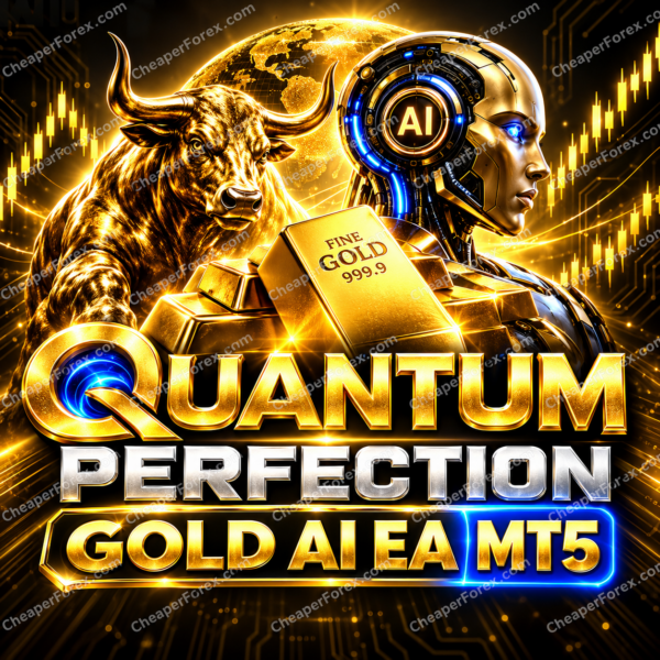 Quantum Perfection Gold AI EA MT5 promotional cover featuring a gold bull and AI robot with CheaperForex.com watermarks