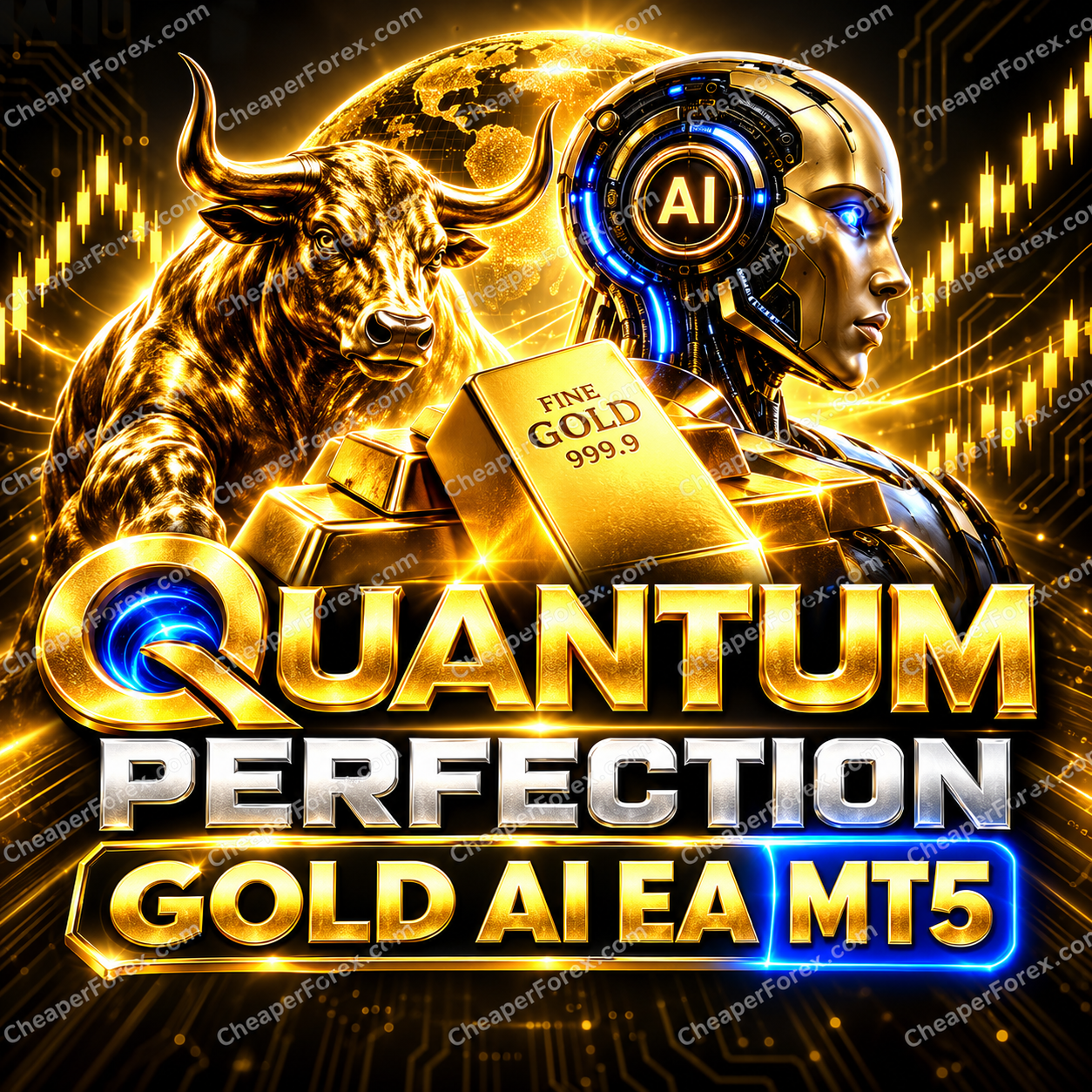 Quantum Perfection Gold AI EA MT5 promotional cover with CheaperForex.com watermarks