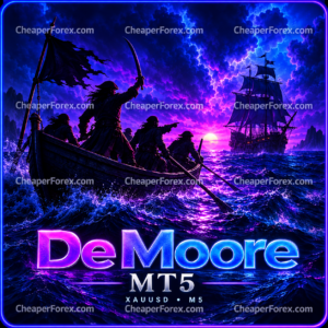 De Moore MT5 pirate ships and blue violet ocean with CheaperForex watermarks