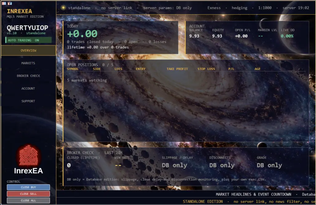 Developer standalone v1.10 overview dashboard. Zero-result example, not a performance record.