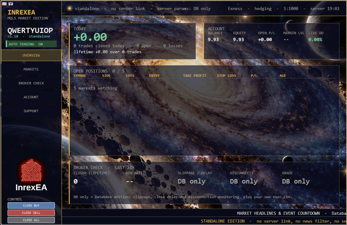 Developer standalone v1.10 overview dashboard. Zero-result example, not a performance record.