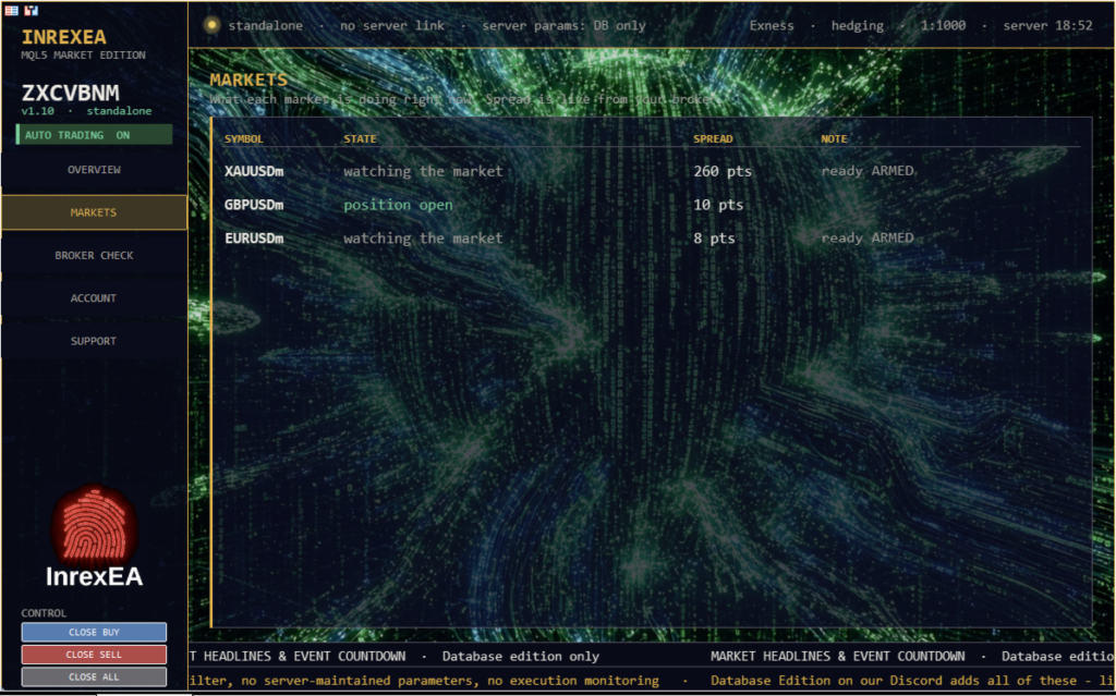 Developer markets screen showing the three enabled instruments and spread readings.