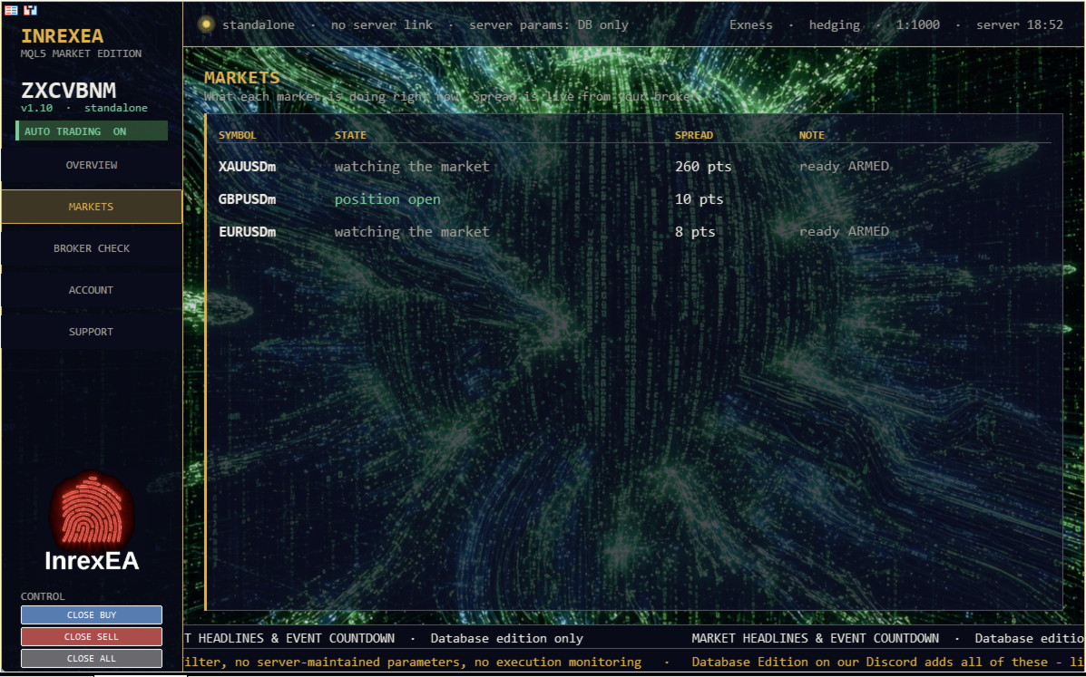 Developer markets screen showing the three enabled instruments and spread readings.