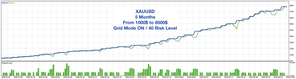 Original developer backtest, January to June 2026: grid ON, risk level 40. Distinct configuration from the grid-off results. Checked 13 September 2026.