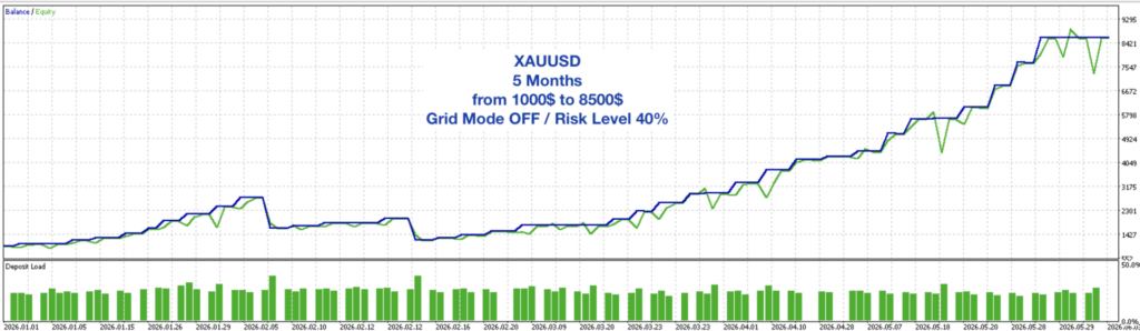 Original developer backtest, January to June 2026: grid OFF, risk level 40%. The equity curve shows substantial temporary falls. Checked 13 September 2026.