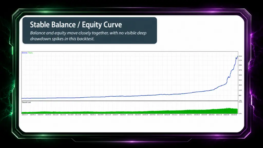 Developer historical balance/equity curve, January 2020 to March 2026. Smoothness at this scale is not proof of negligible drawdown. Checked 13 September 2026.