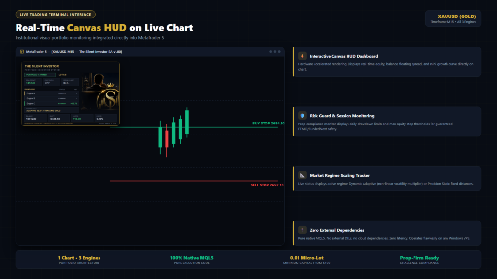 The Silent Investor EA trading dashboard illustration