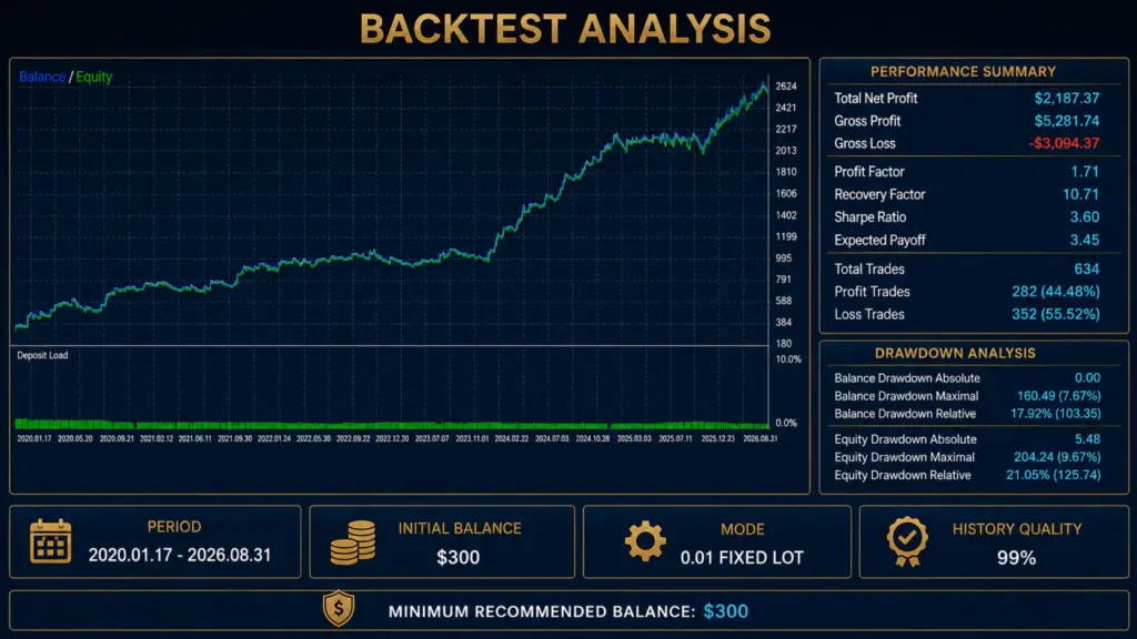 Developer backtest: 0.01 fixed lot, January 2020–August 2026. Original graphic retained.