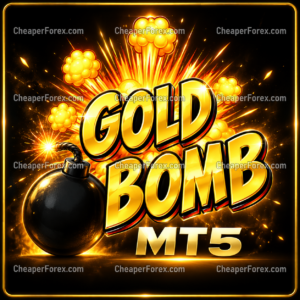 Gold Bomb MT5 gold lettering and bomb artwork with CheaperForex watermarks