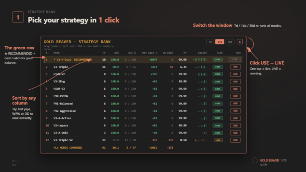 Gold Beaver EA MT5 original strategy selection panel