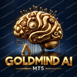 GoldMind AI EA MT5 promotional artwork with CheaperForex.com watermarks