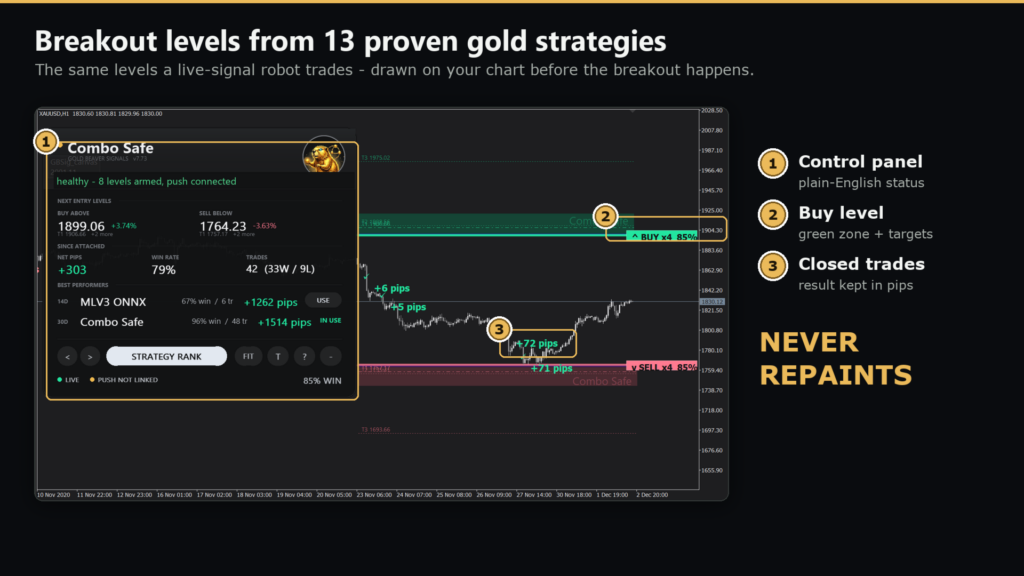 Gold Beaver Signals MT5 original gold breakout level overview