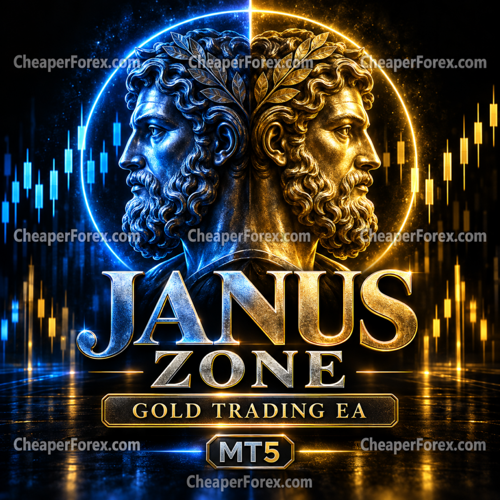 Janus Zone MT5 blue and gold two-faced sculpture with CheaperForex watermarks