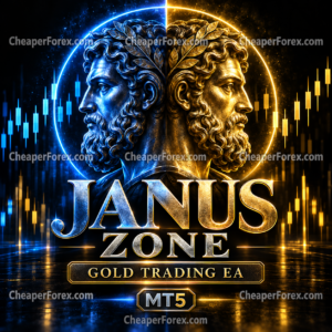 Janus Zone MT5 blue and gold Janus sculpture with repeated CheaperForex watermarks