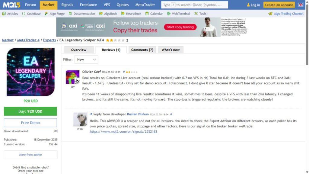 Legendary Scalper MT4 MQL5 customer review capture