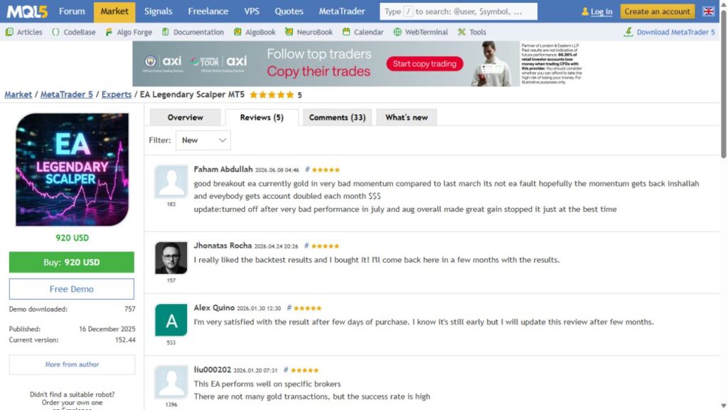 Legendary Scalper MT5 MQL5 customer review capture