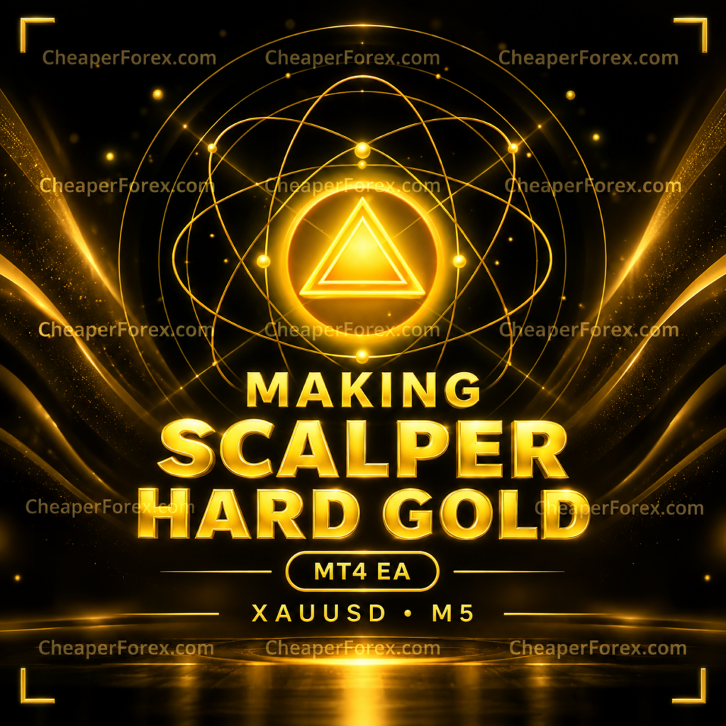 Making Scalper Hard Gold MT4 promotional cover with gold orbital emblem and CheaperForex.com watermarks