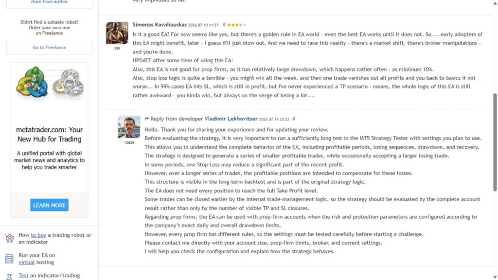 Mavrik Scalper MQL5 customer review and developer response