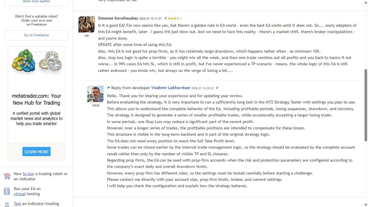 Mavrik Scalper MQL5 customer review and developer response
