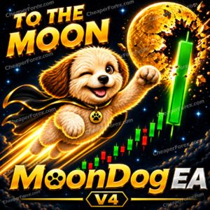 MoonDog EA MT5 with golden puppy, moon and rising candlesticks