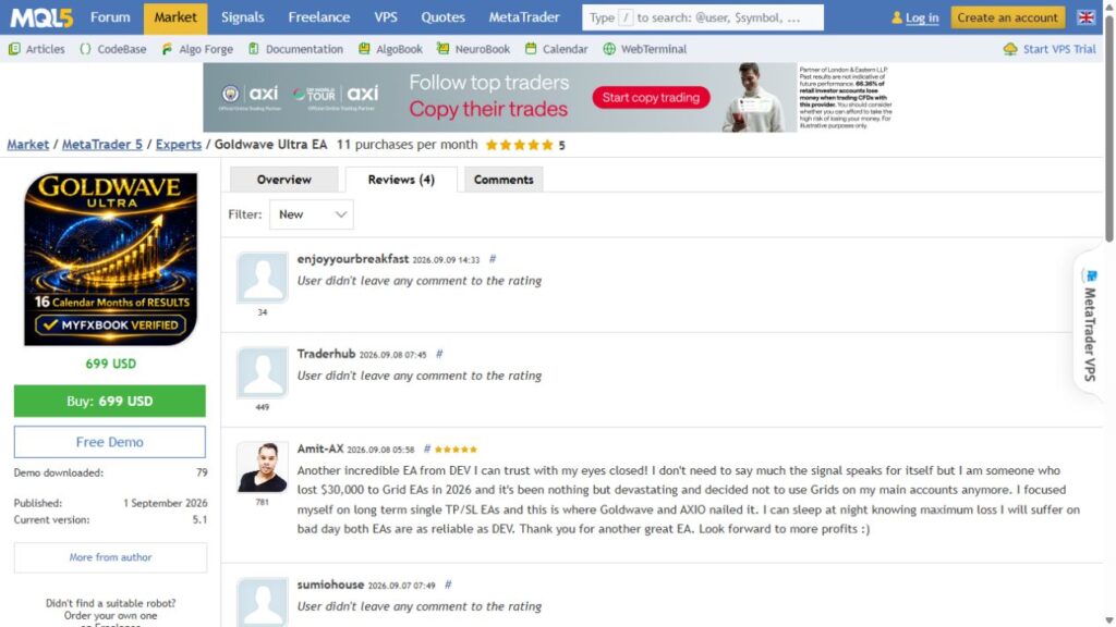 Original MQL5 GoldWave Ultra reviews with one written review and ratings without comments