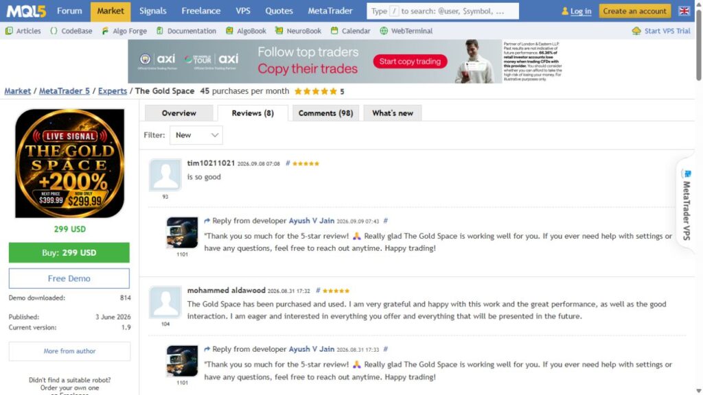 Original MQL5 customer reviews for The Gold Space with dates and developer replies