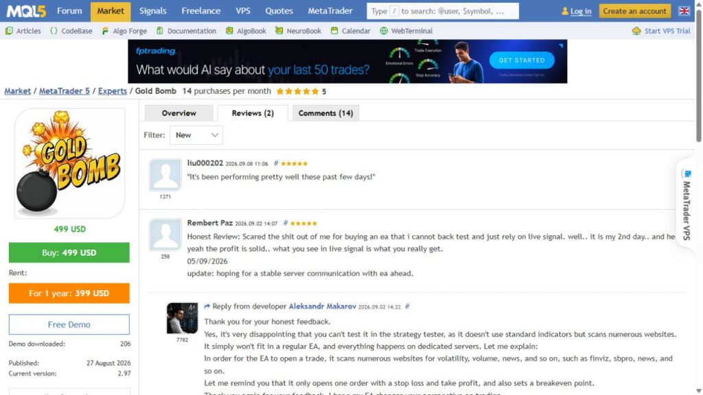 Original Gold Bomb MQL5 customer reviews and developer reply