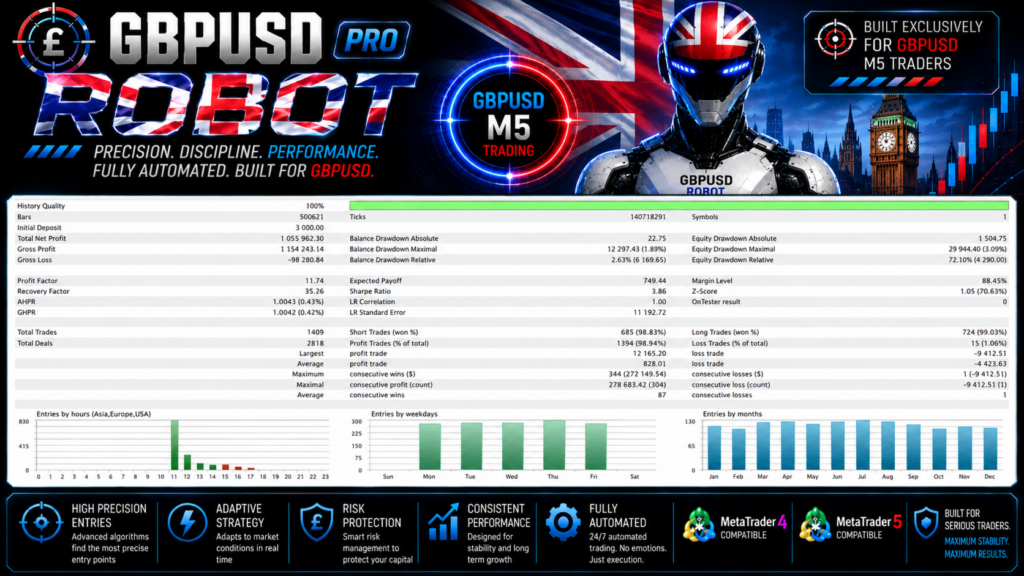 GBPUSD Robot Pro developer backtest report and drawdown