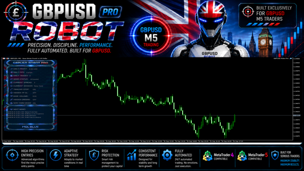 GBPUSD Robot Pro M5 chart panel and news display