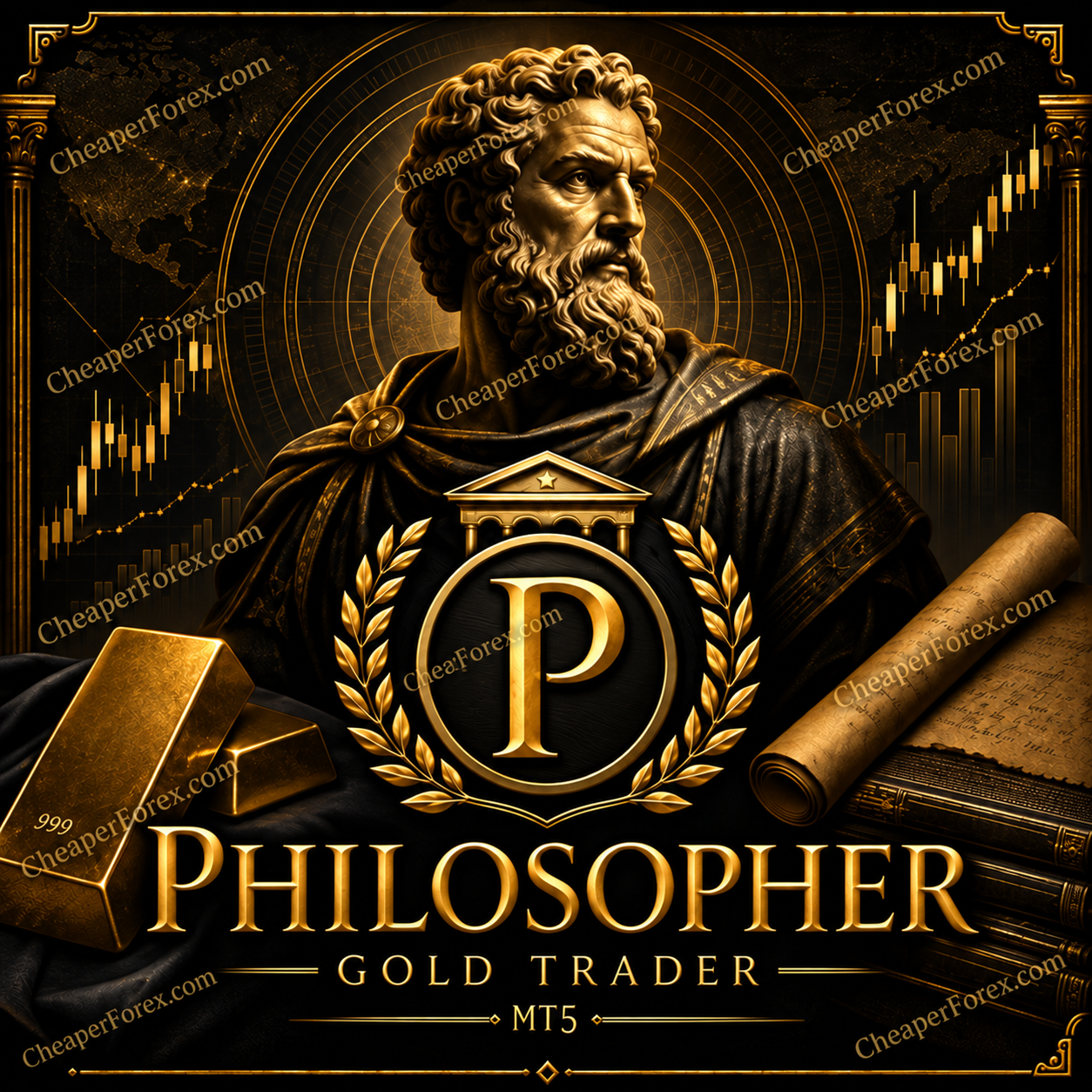 Philosopher EA MT5 promotional artwork with CheaperForex.com watermarks