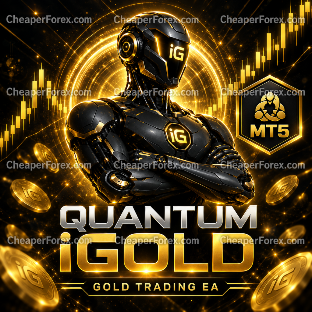 Quantum iGold MT5 black and gold robot cover with CheaperForex.com watermarks